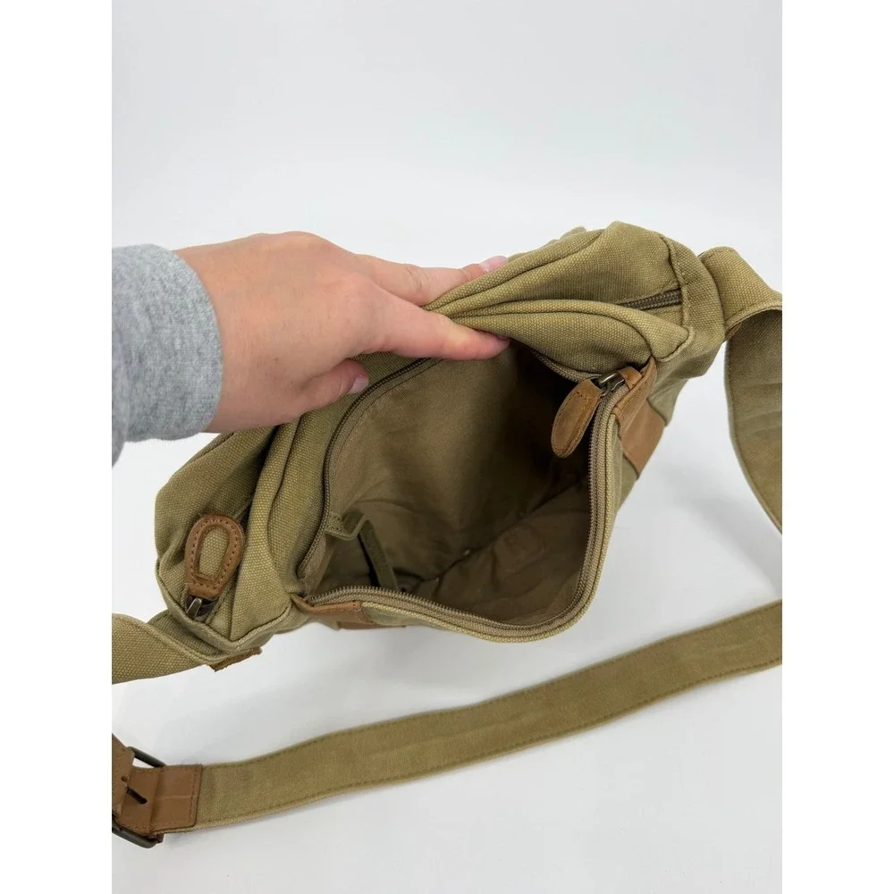 LL Bean Canvas Messenger Bag Olive Green Leather Trim Crossbody Field Bag Vtg